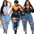 2021 Wholesale Summer Women's Casual Denim Bottom Women High Waist Hollow Out Washed Tassel Fashionable Cotton Plus Size Jeans